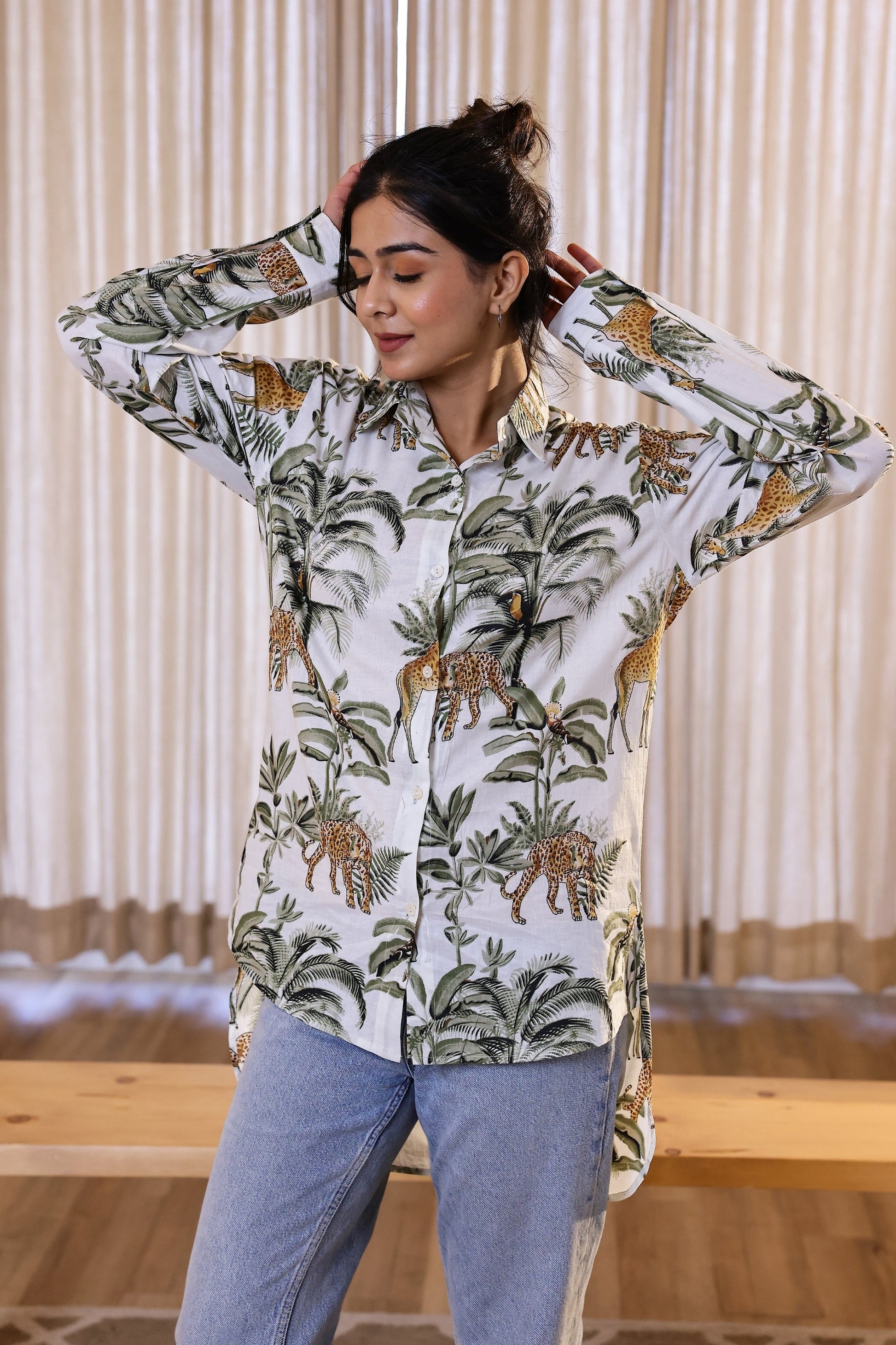 Women's Green Safari Print Shirt - Wild & Elegant | Women's Shirt | Shop stylish women's clothing online at Label Flavia |