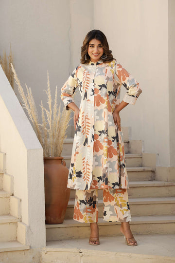 Cotton Flax A-Line Kurta Set with Handcrafted Detailing – Black & Rust Print