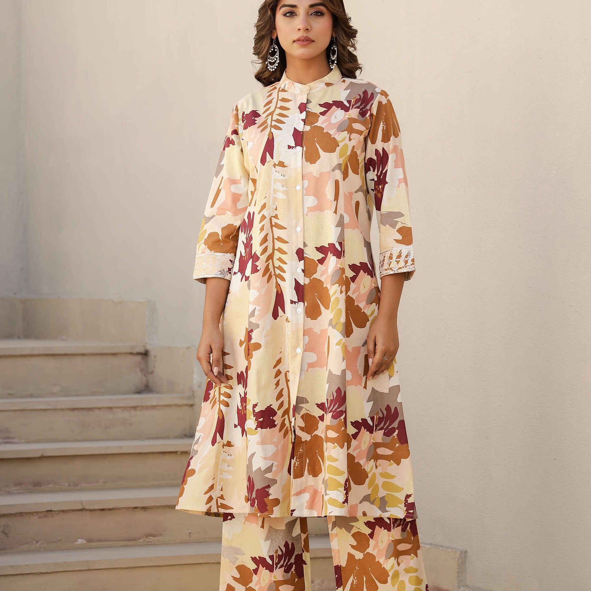 Cotton Flax A-Line Kurta Set with Handcrafted Detailing – Maroon & Mustard Print