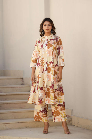 Cotton Flax A-Line Kurta Set with Handcrafted Detailing – Maroon & Mustard Print