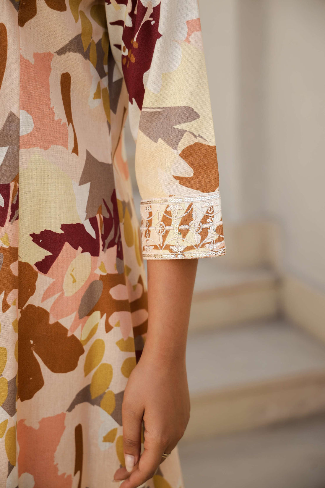 Cotton Flax A-Line Kurta Set with Handcrafted Detailing – Maroon & Mustard Print