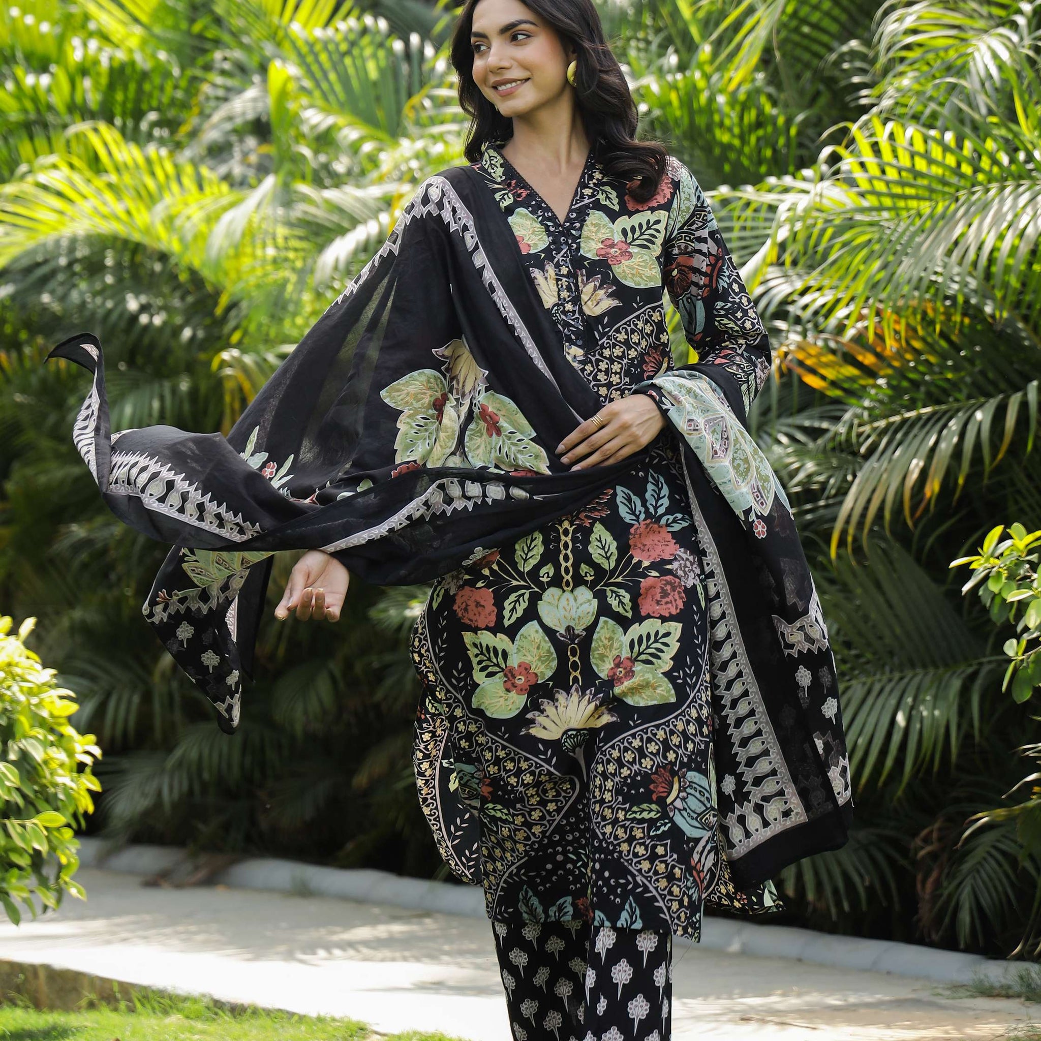Black Floral Printed Cotton Kurta Set with Dupatta & Pants