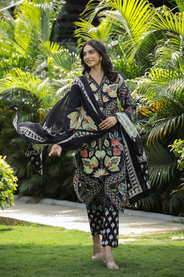 Black Floral Printed Cotton Kurta Set with Dupatta & Pants