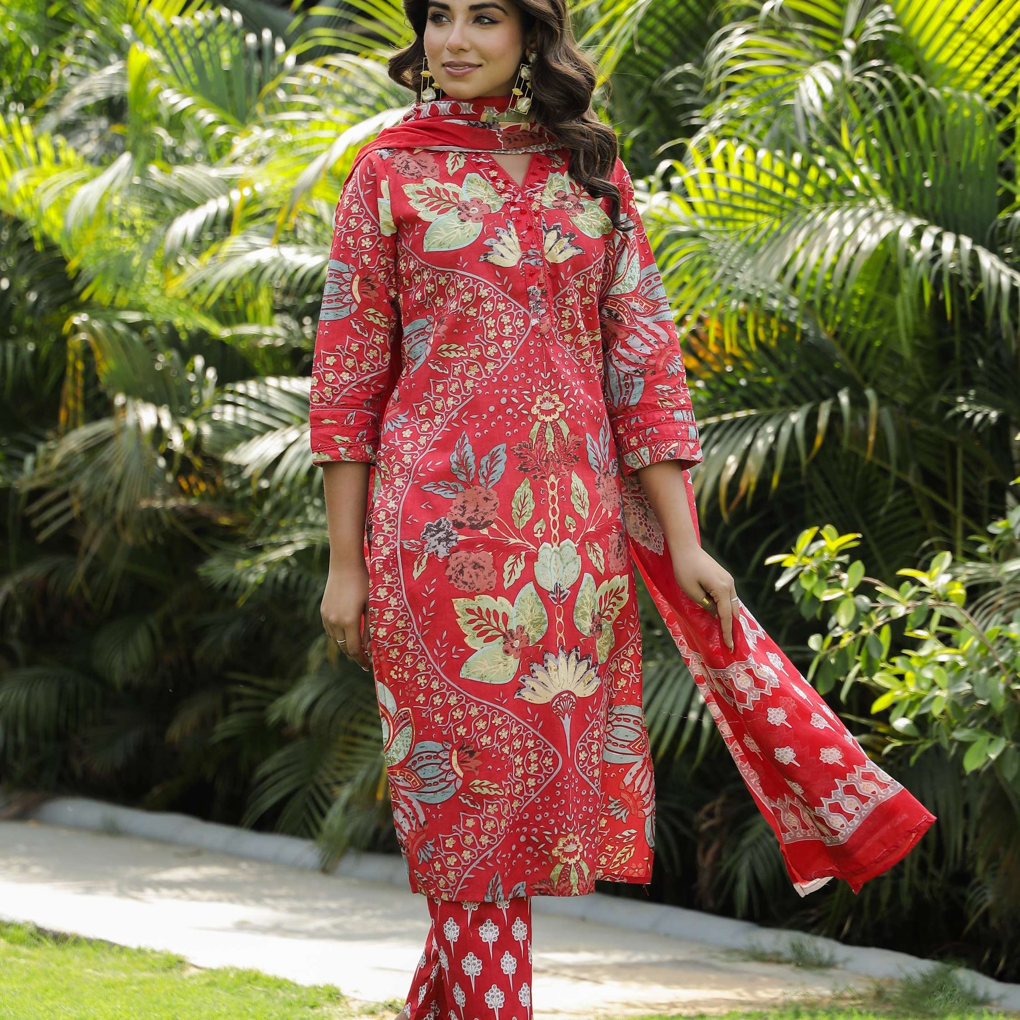 Red Floral Printed Cotton Kurta Set with Dupatta & Pants
