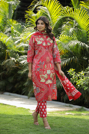 Red Floral Printed Cotton Kurta Set with Dupatta & Pants