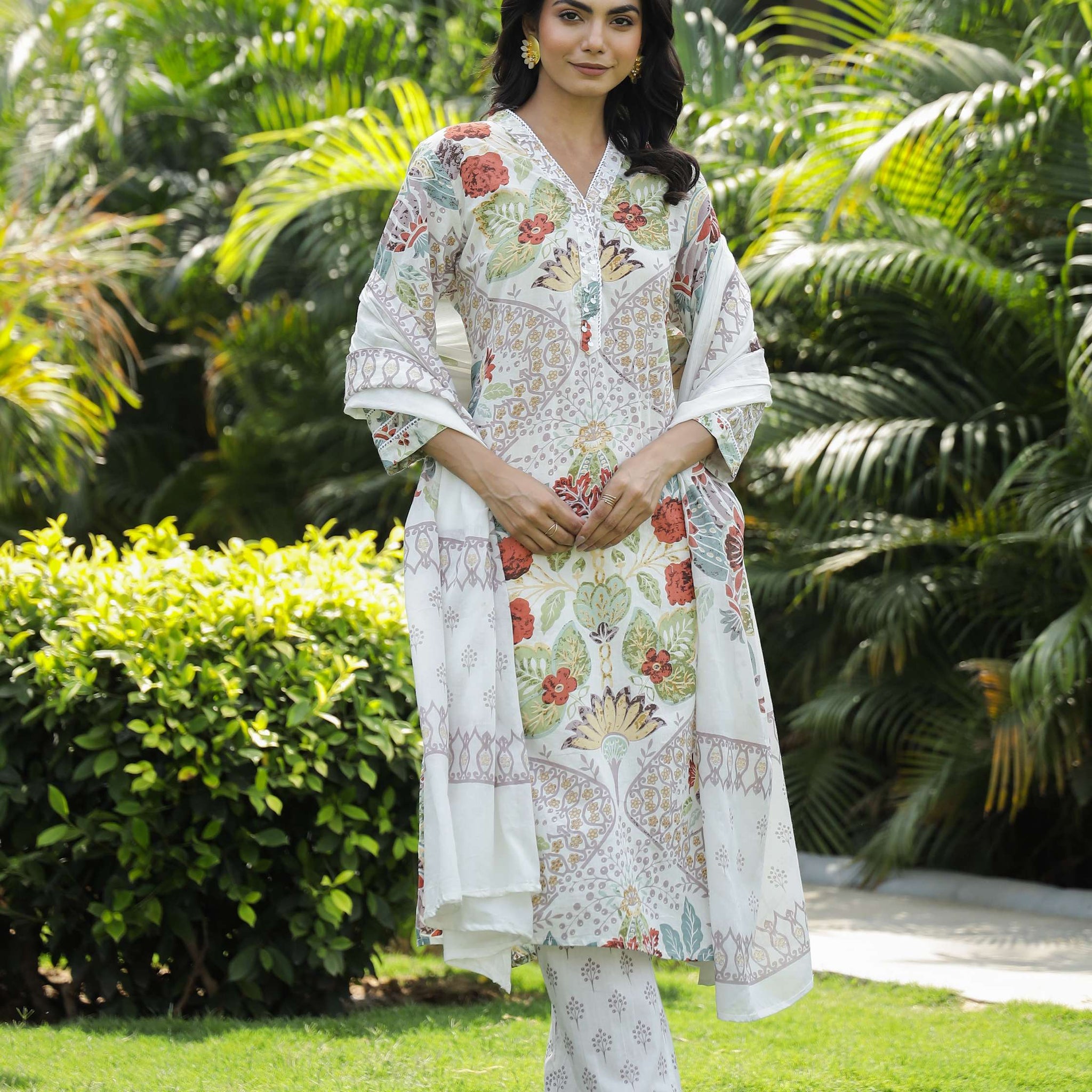 White Floral Printed Cotton Kurta Set with Dupatta & Pants