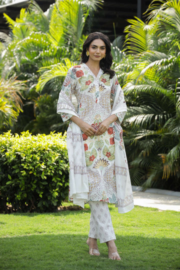 White Floral Printed Cotton Kurta Set with Dupatta & Pants