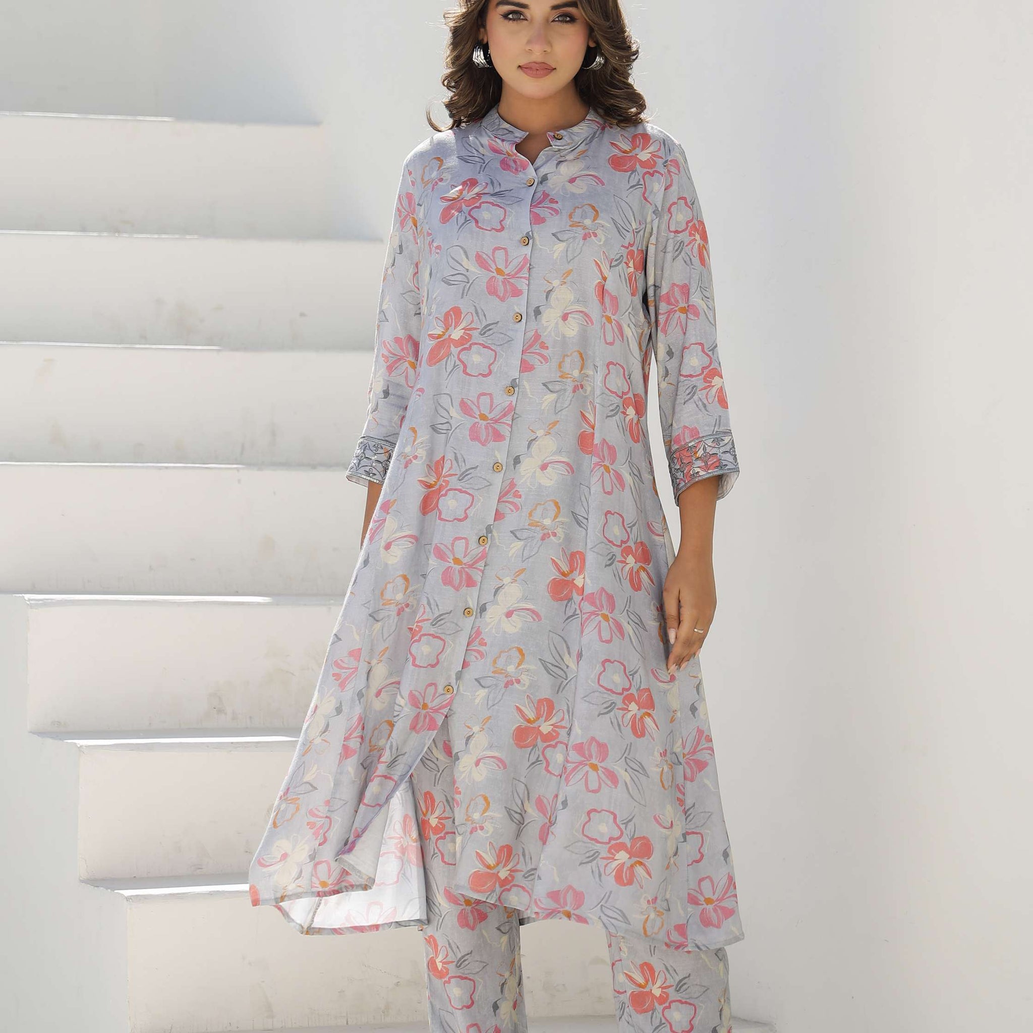 Grey Floral Printed Cotton Kurta Set with Pants