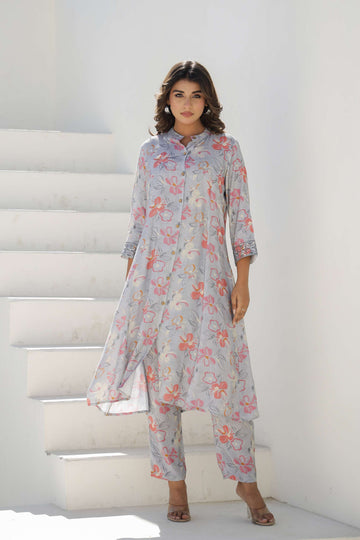 Grey Floral Printed Cotton Kurta Set with Pants