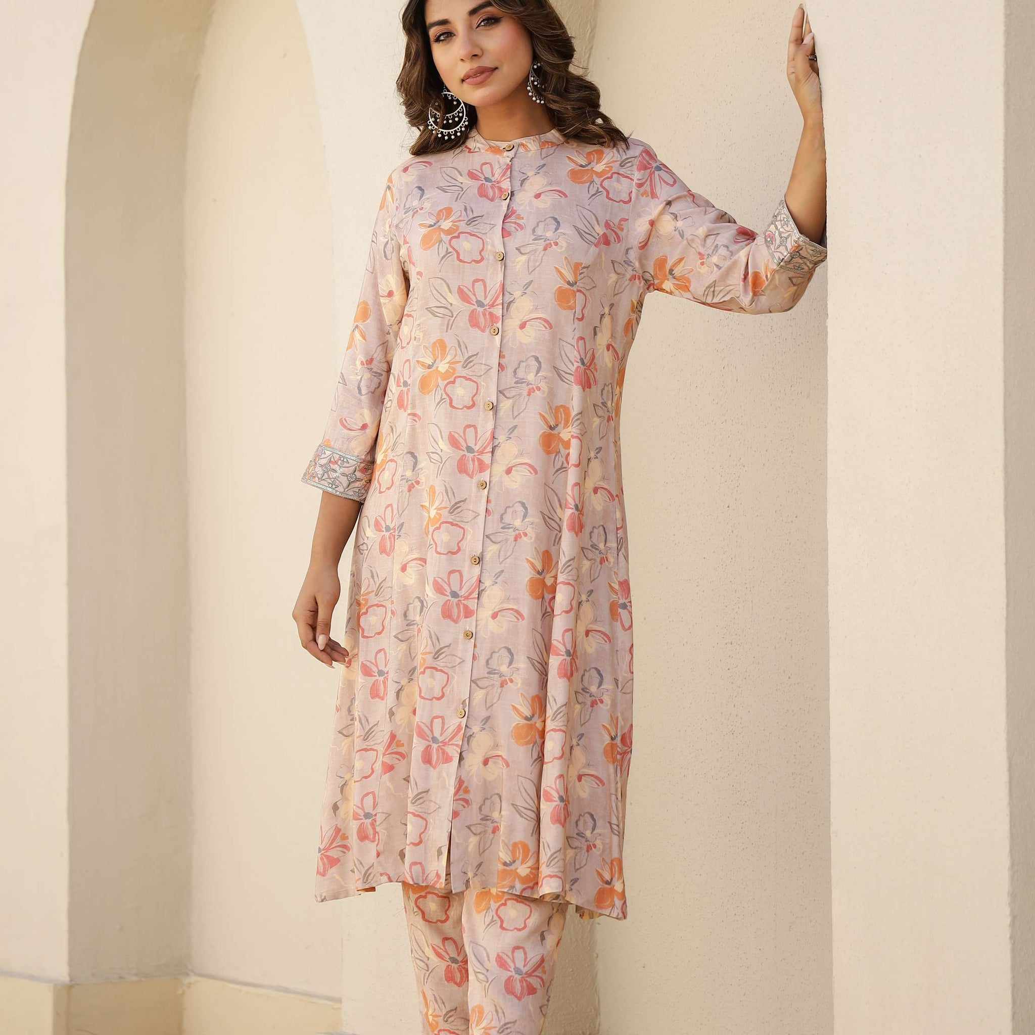 Peach Floral Printed Cotton Kurta Set with Pants