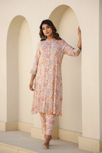 Peach Floral Printed Cotton Kurta Set with Pants