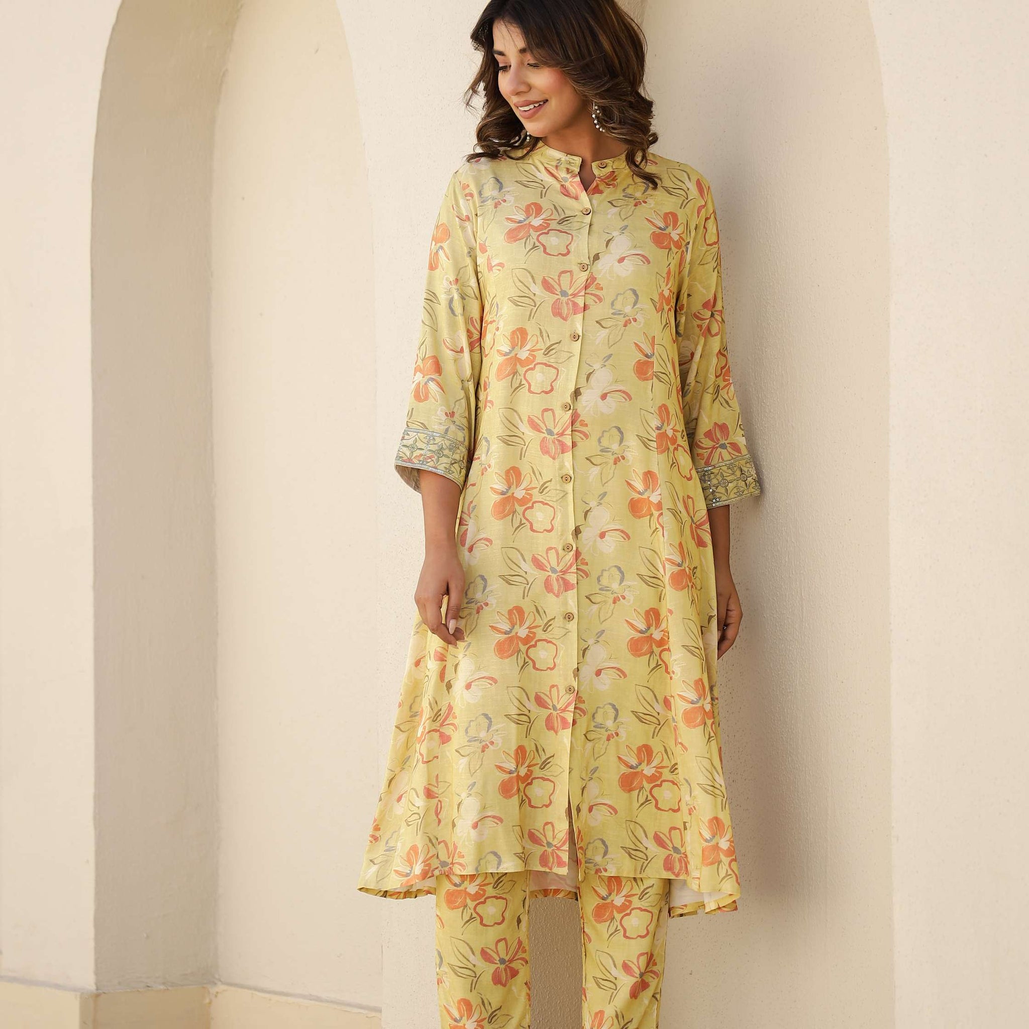 Yellow Floral Printed Cotton Kurta Set with Pants