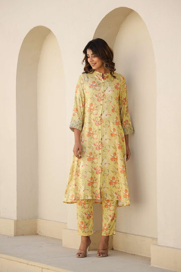 Yellow Floral Printed Cotton Kurta Set with Pants