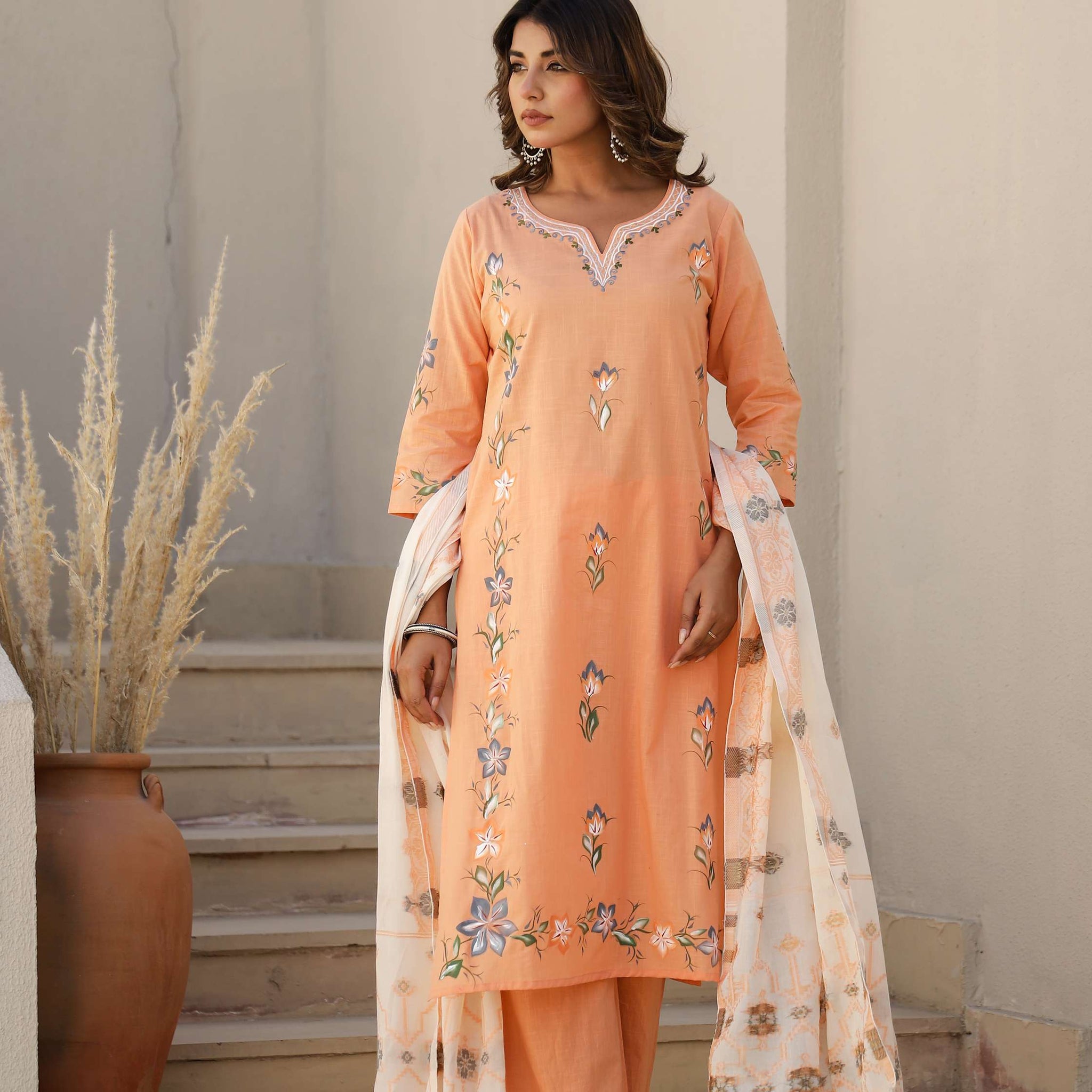 Light Orange Solid Cotton Kurta Set with Embroidered Pocket