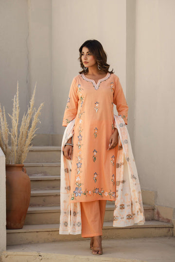 Light Orange Solid Cotton Kurta Set with Embroidered Pocket