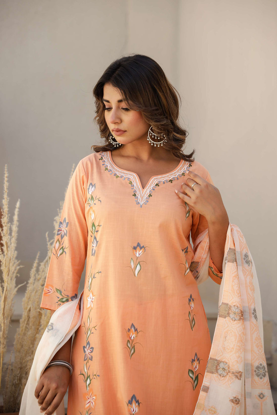 Light Orange Solid Cotton Kurta Set with Embroidered Pocket