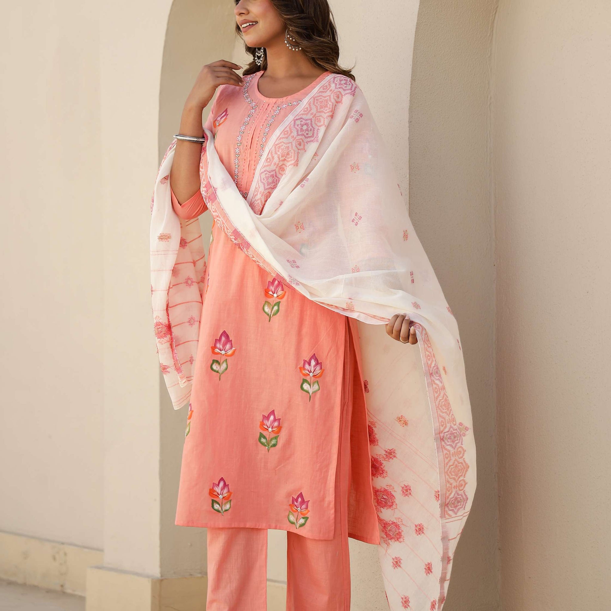 Peach Pink Cotton Kurta Set with Elegant Embroidery