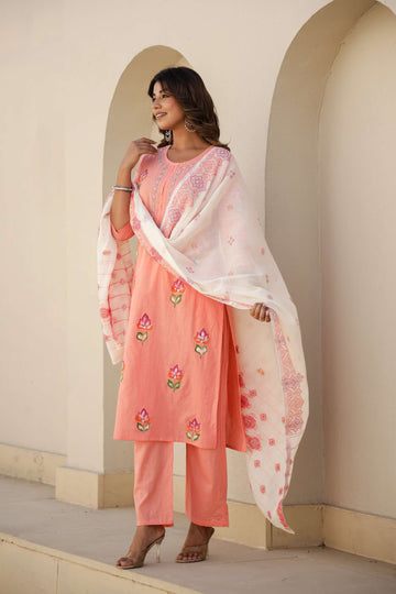 Peach Pink Cotton Kurta Set with Elegant Embroidery