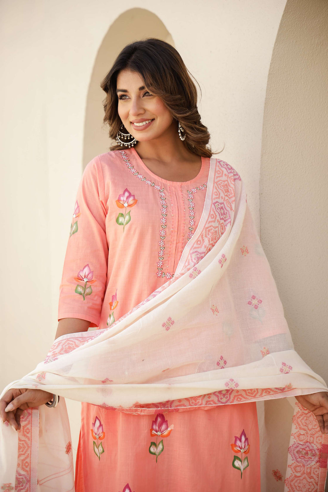 Peach Pink Cotton Kurta Set with Elegant Embroidery