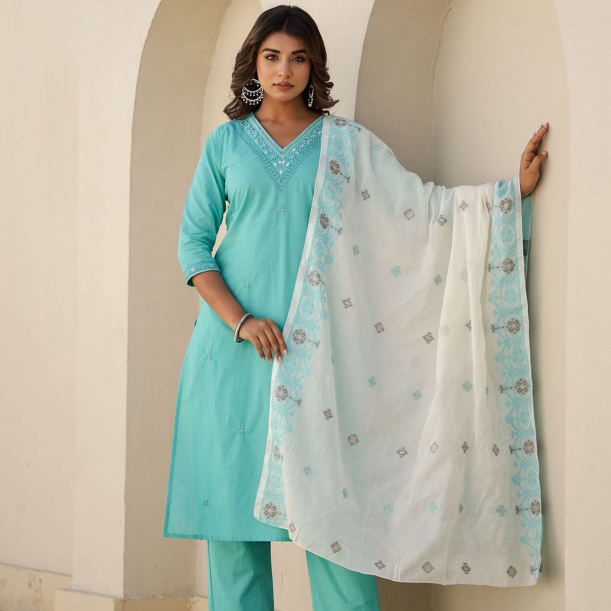 Sky Blue Solid Cotton Kurta Set with Embroidered Pocket