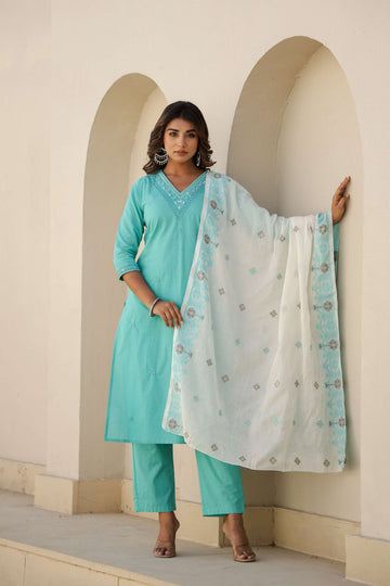 Sky Blue Solid Cotton Kurta Set with Embroidered Pocket