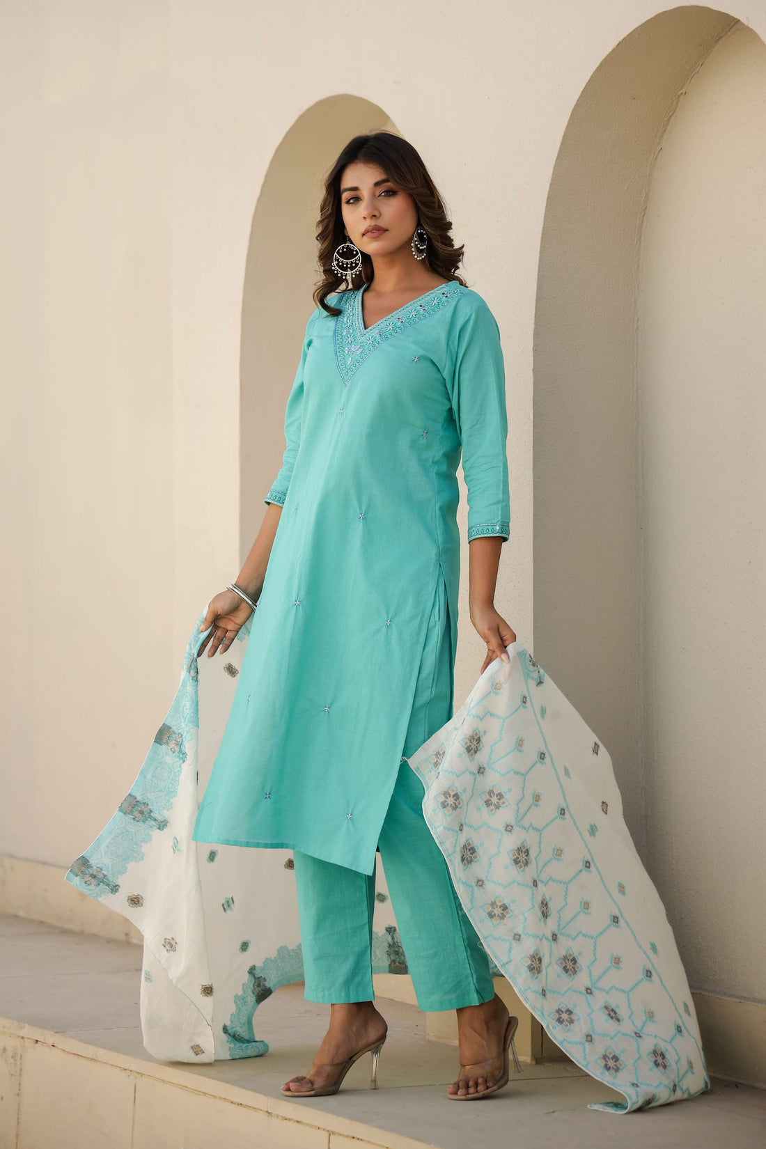 Sky Blue Solid Cotton Kurta Set with Embroidered Pocket