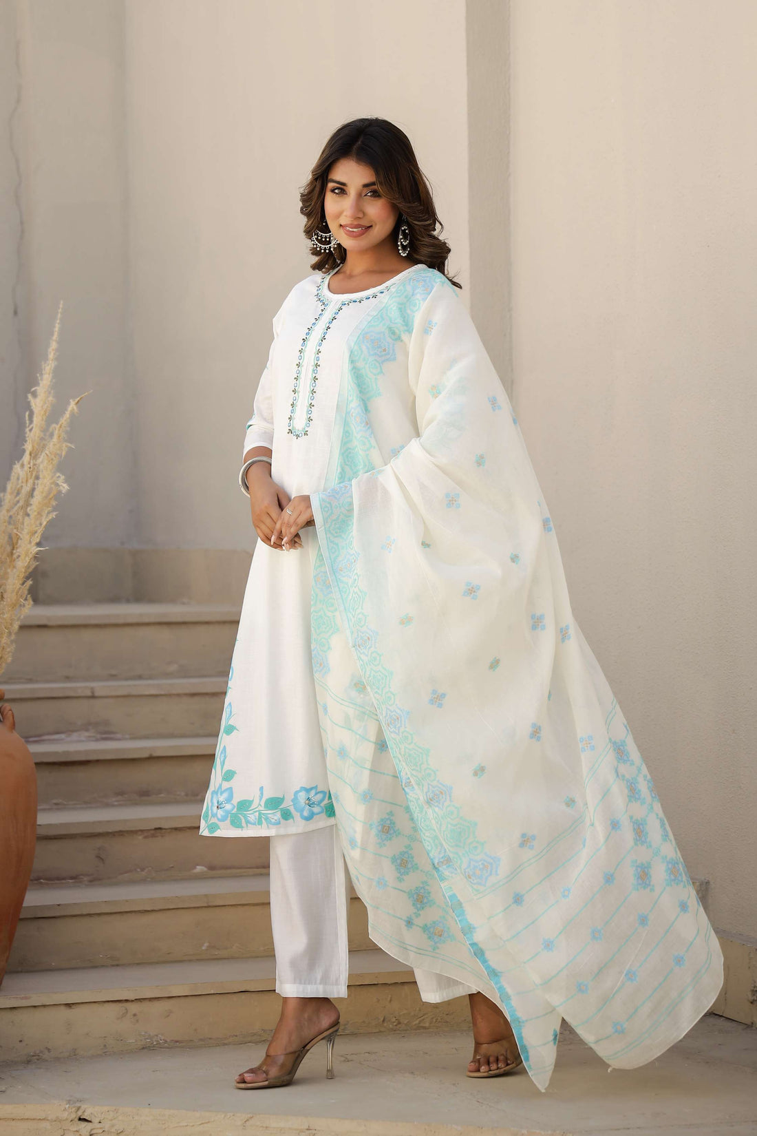 White Cotton Kurta Set with Sky Blue Embroidery