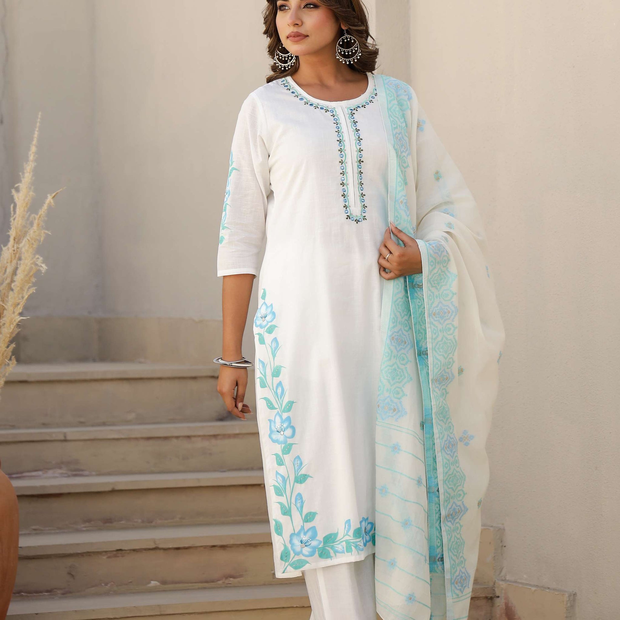 White Cotton Kurta Set with Sky Blue Embroidery