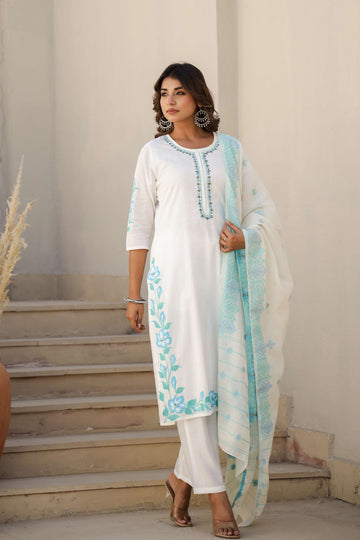 White Cotton Kurta Set with Sky Blue Embroidery