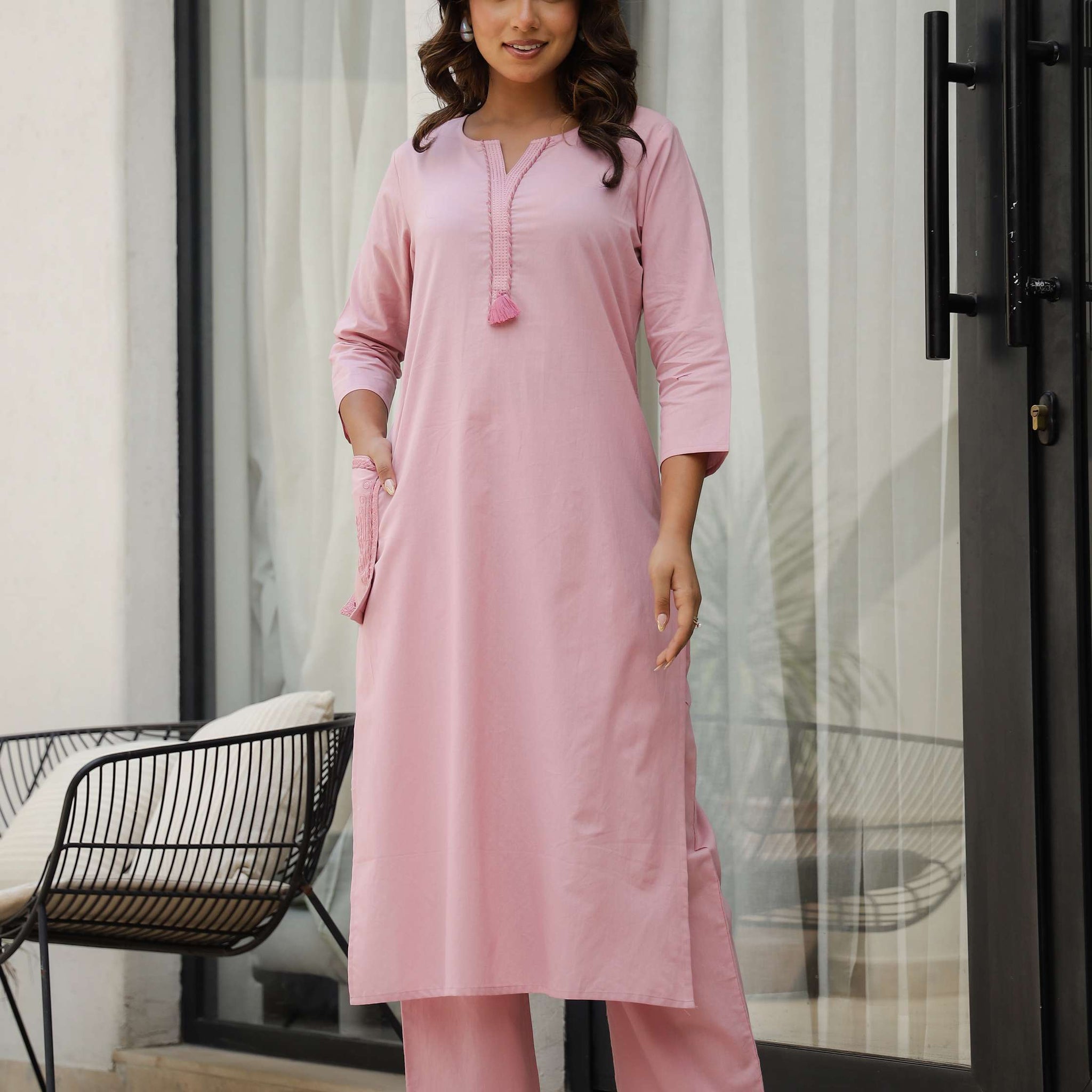 Pink Solid Cotton Kurta Set with Embroidered Pocket
