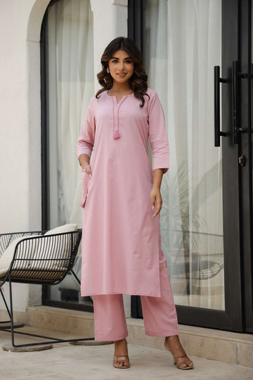 Pink Solid Cotton Kurta Set with Embroidered Pocket