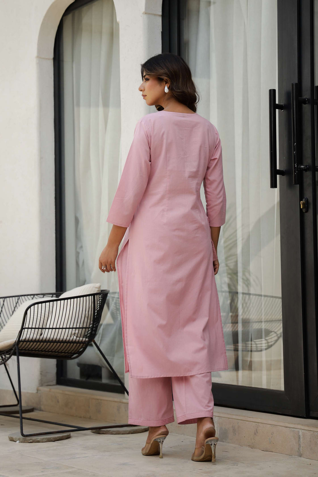 Pink Solid Cotton Kurta Set with Embroidered Pocket