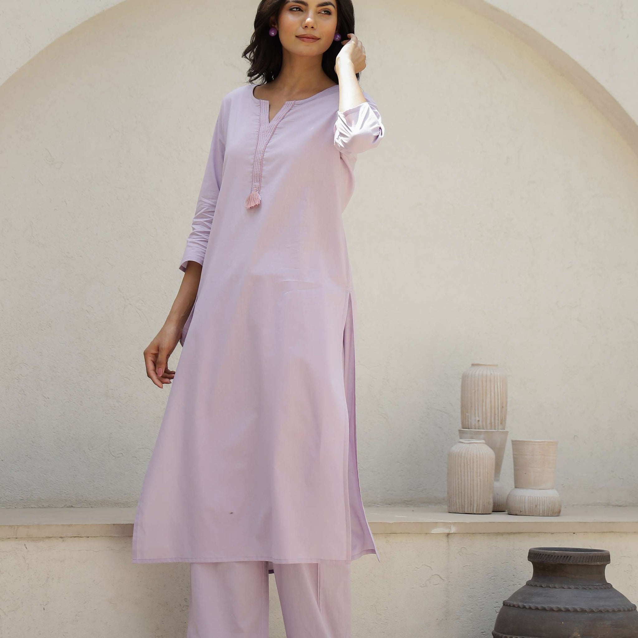 Purple Solid Cotton Kurta Set with Embroidered Pocket