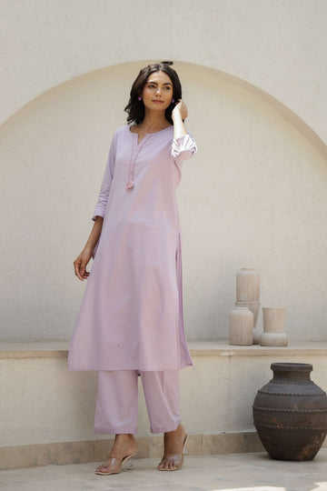 Purple Solid Cotton Kurta Set with Embroidered Pocket