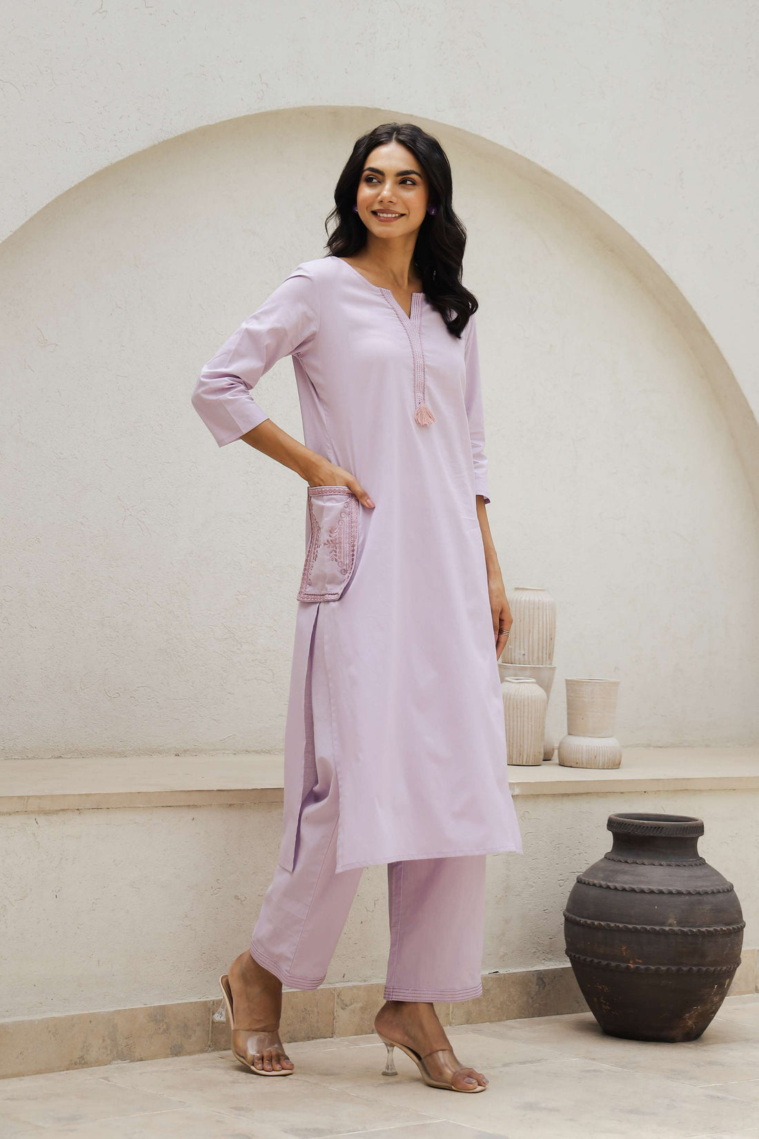 Purple Solid Cotton Kurta Set with Embroidered Pocket
