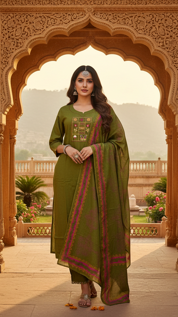 Cotton Kurta Set with Contrast Dupatta