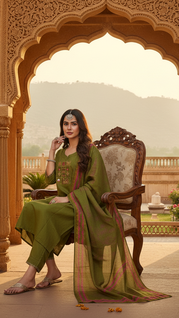 Cotton Kurta Set with Contrast Dupatta