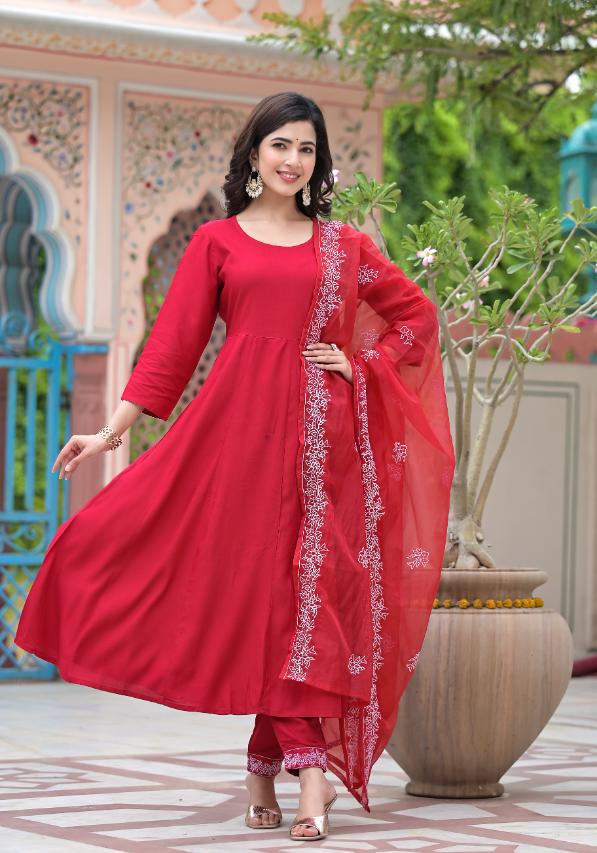 Rayon Anarkali Long Flared Gown pant dupatta set | | Shop stylish women's clothing online at Label Flavia |
