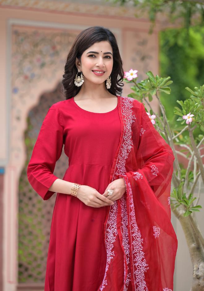 Rayon Anarkali Long Flared Gown pant dupatta set | | Shop stylish women's clothing online at Label Flavia |