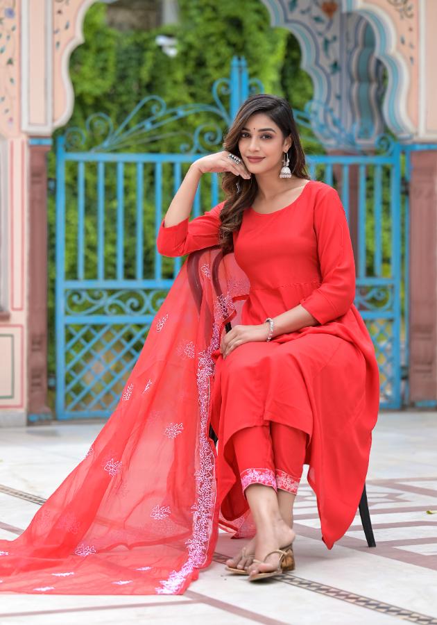 Rayon Anarkali Long Flared Gown pant dupatta set | | Shop stylish women's clothing online at Label Flavia |