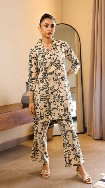Beige & Green Artistic Face Print Co-ord Set