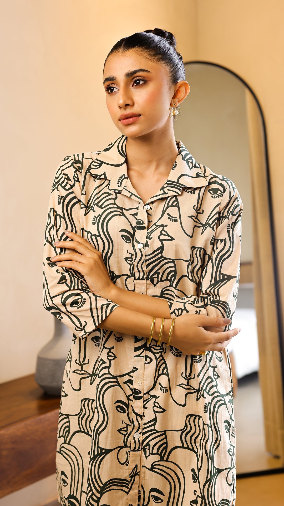 Beige & Green Artistic Face Print Co-ord Set