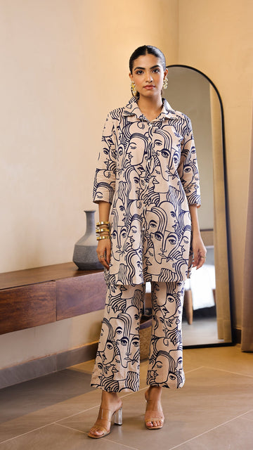 Beige & Navy Blue Artistic Face Print Co-ord Set