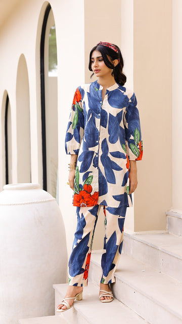 Ivory & Blue Oversized Leaf Co-ord Set