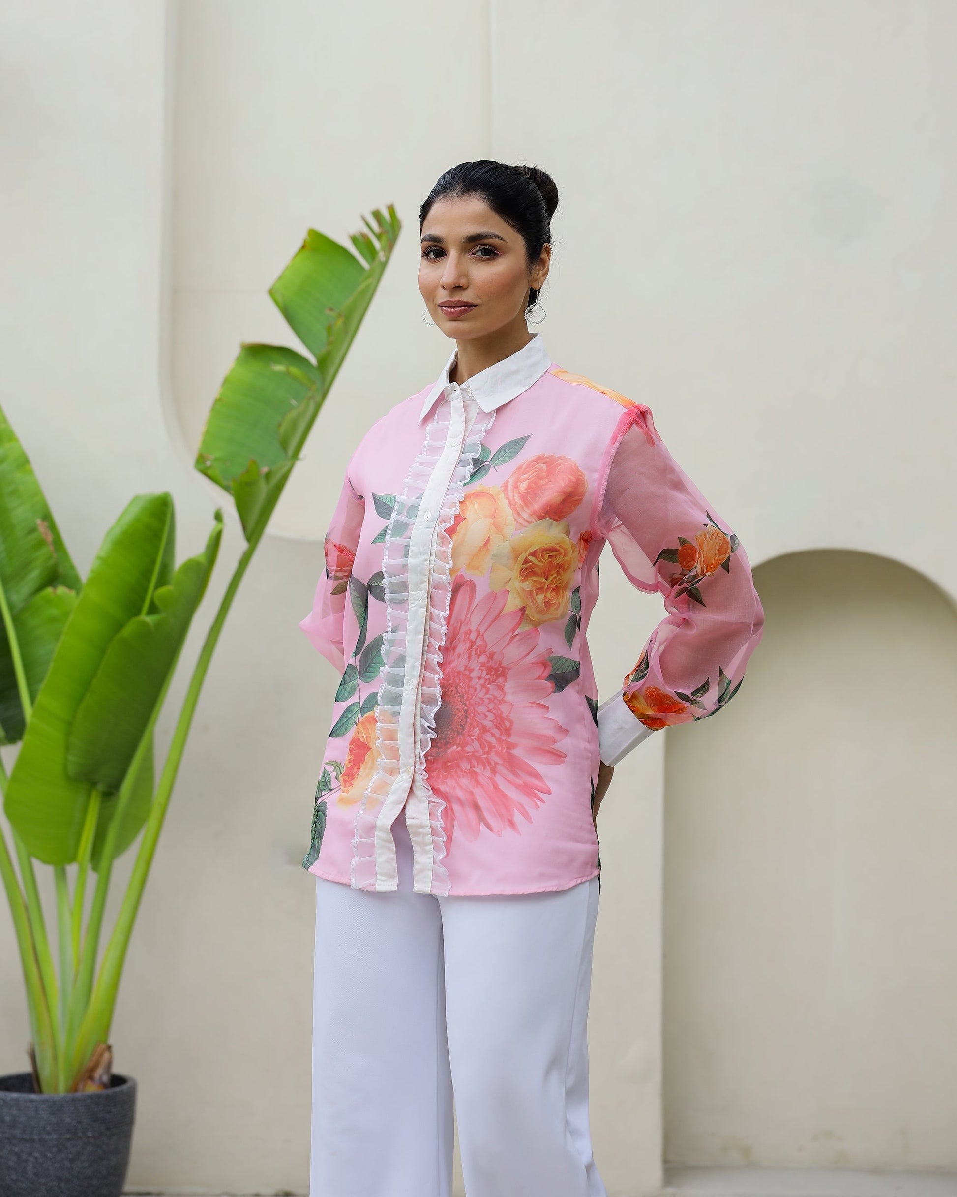 Women's Pink Floral Sheer Top Shirt - Elegant & Feminine | Women's Shirt | Shop stylish women's clothing online at Label Flavia |