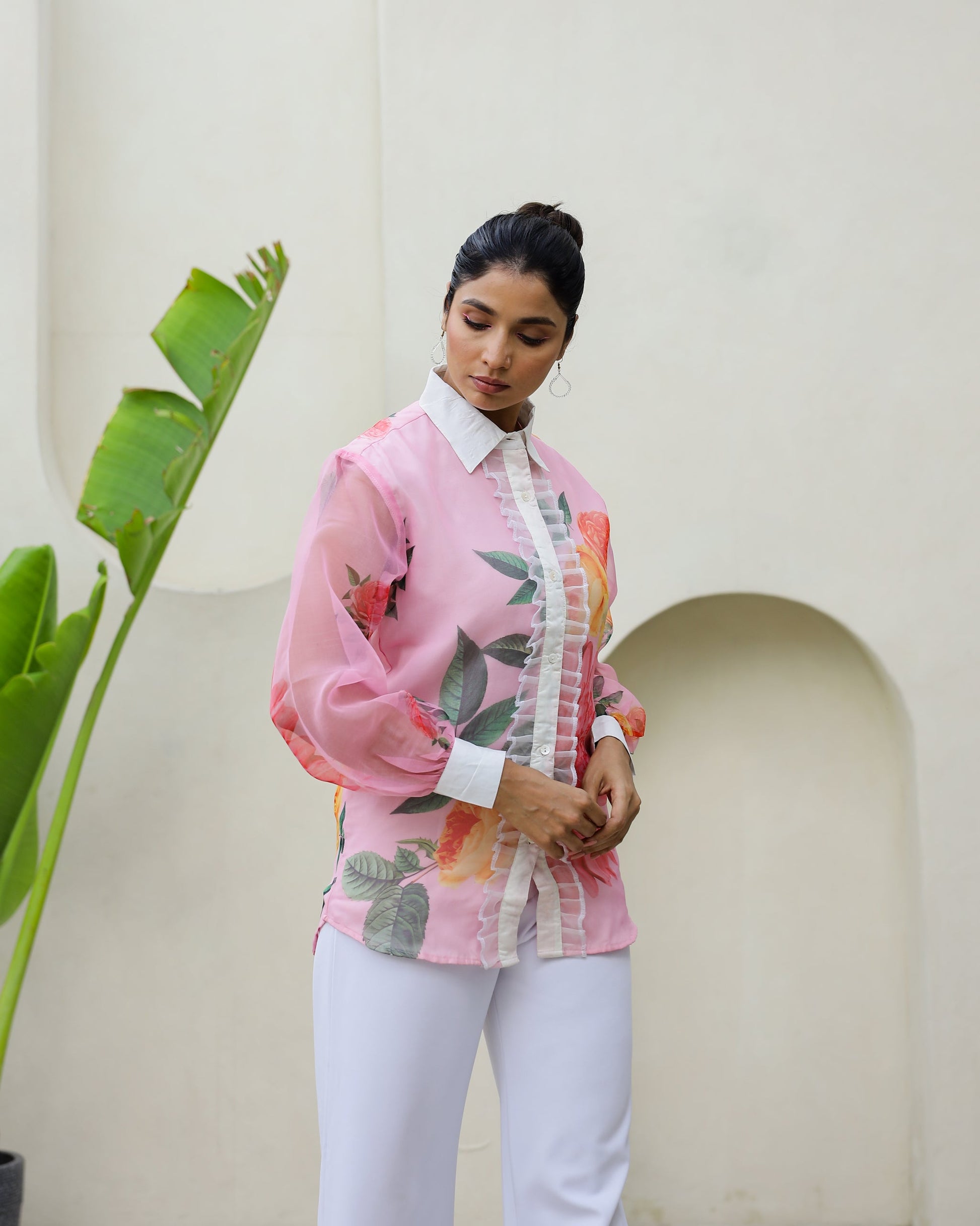 Women's Pink Floral Sheer Top Shirt - Elegant & Feminine | Women's Shirt | Shop stylish women's clothing online at Label Flavia |