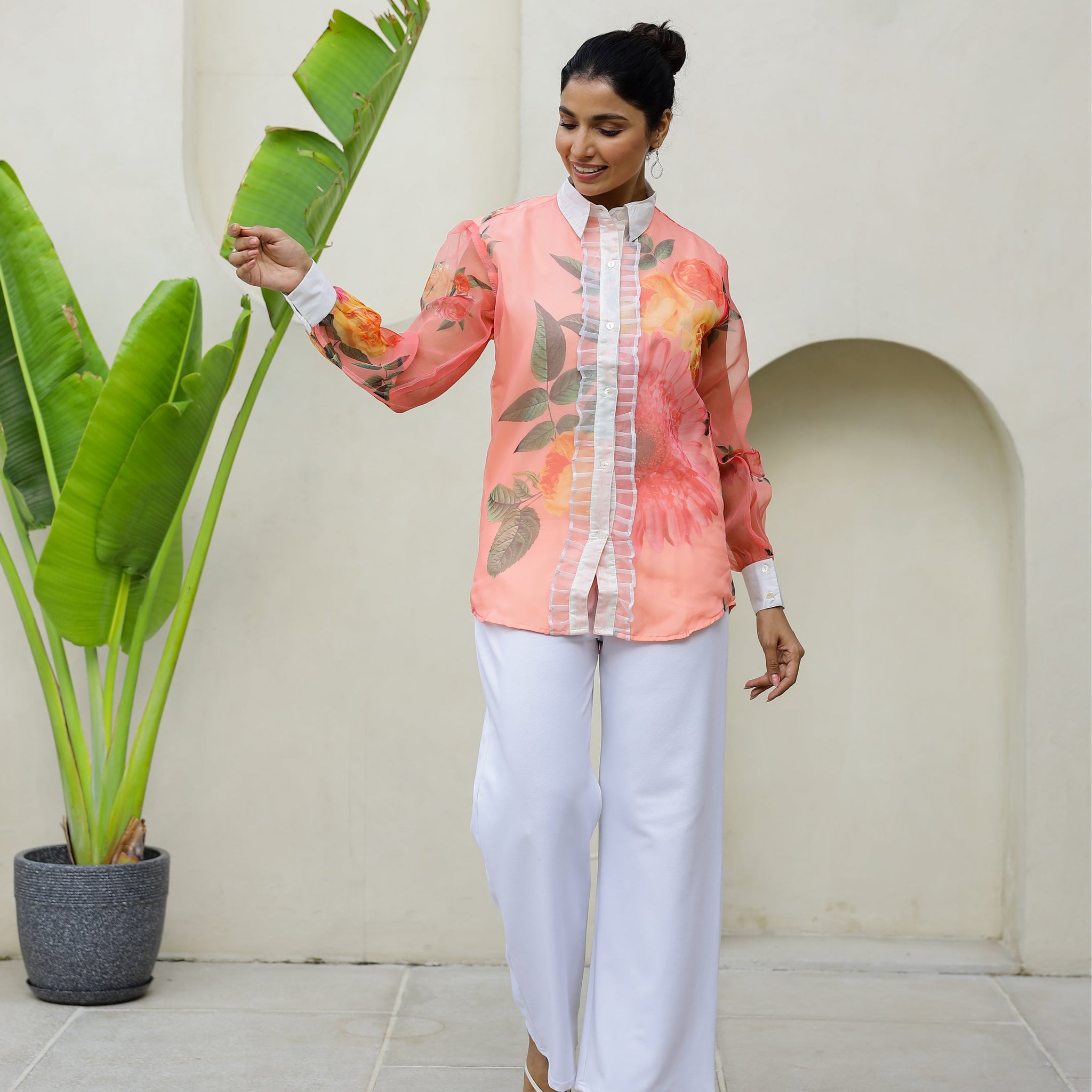 Women's Peach Floral Sheer Top Shirt - Fresh & Stylish | Women's Shirt | Shop stylish women's clothing online at Label Flavia |