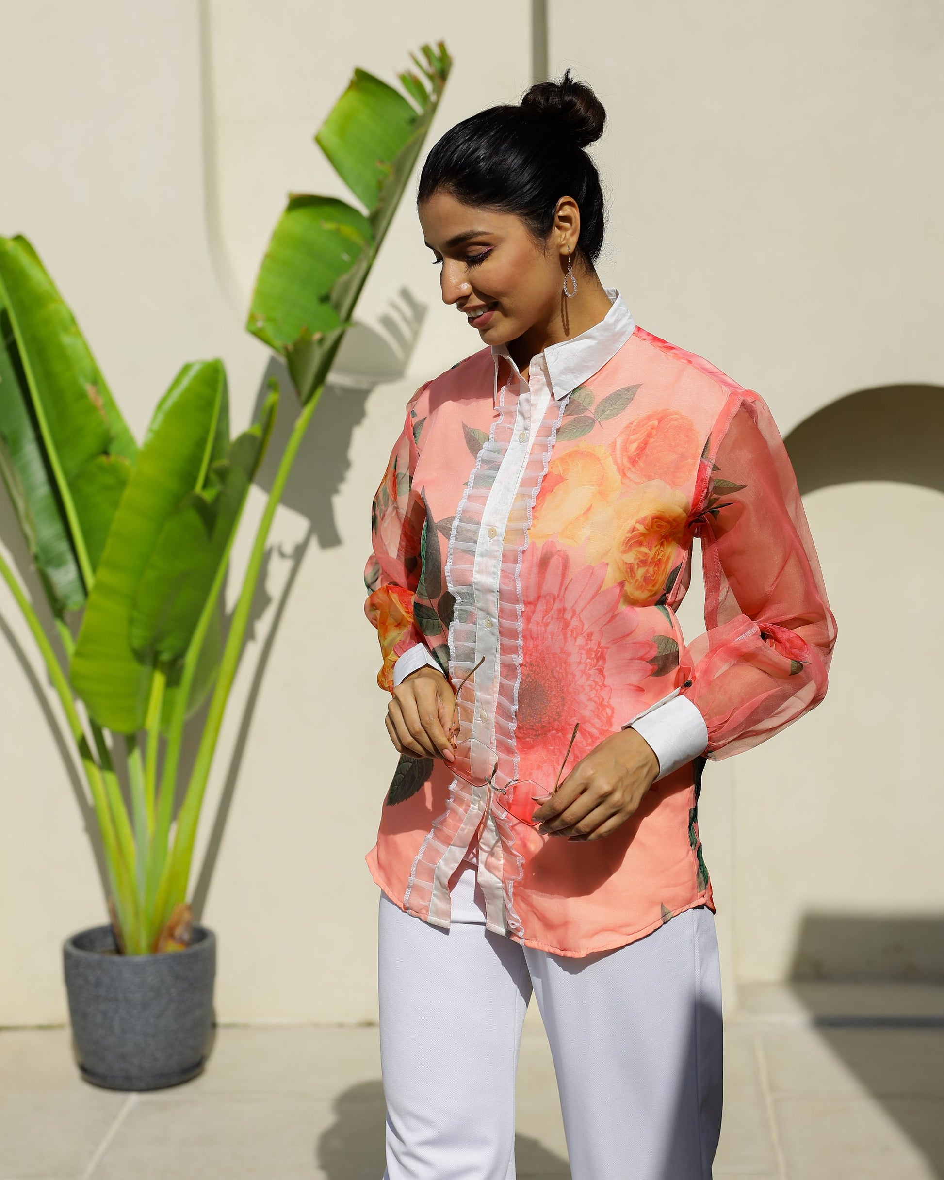Women's Peach Floral Sheer Top Shirt - Fresh & Stylish | Women's Shirt | Shop stylish women's clothing online at Label Flavia |