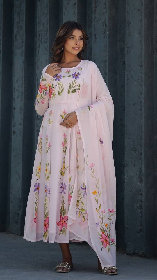 Georgette Anarkali Kurta & Dupatta Set with Brush Paintwork – Elegant Festive Wear | | Shop stylish women's clothing online at Label Flavia |