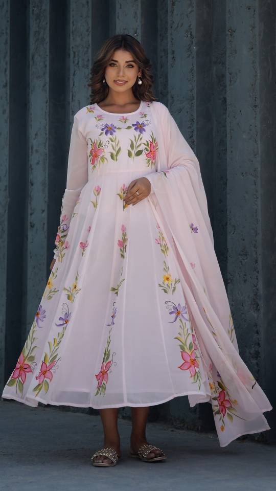 Georgette Anarkali Kurta & Dupatta Set with Brush Paintwork – Elegant Festive Wear | | Shop stylish women's clothing online at Label Flavia |